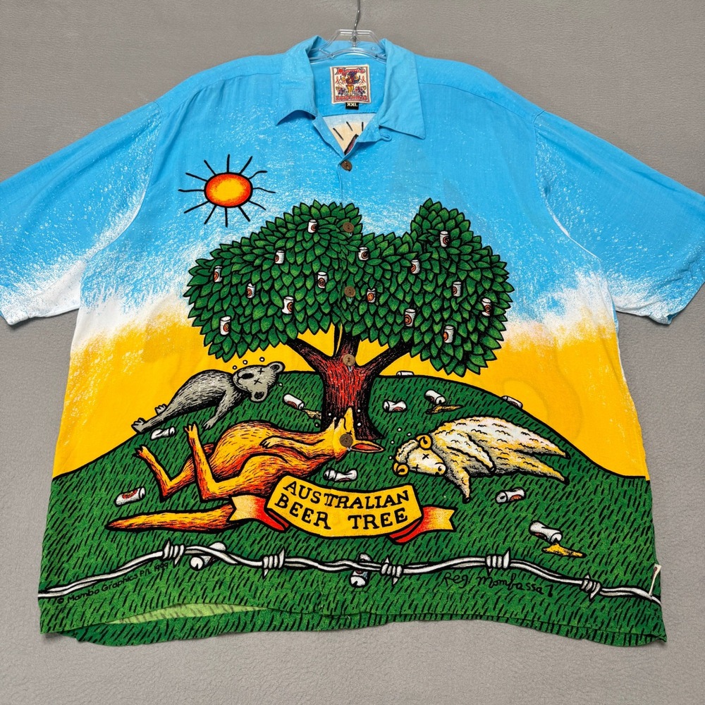 Mambo Loud Shirt Mens XXL Blue Australian Beer Tree Vintage Camp Loop Collar